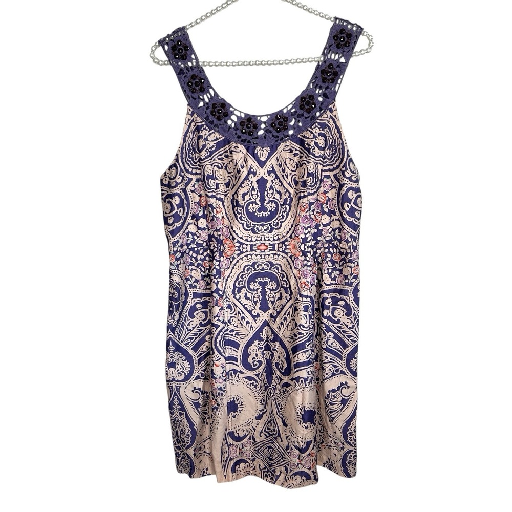 Free People Folklore Paisley Cocktail Dress 10 Boho Retro Crochet Bead Mini Mod